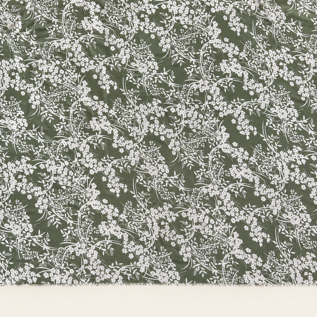 Pistachio Green Background with White Botanical Pattern Viscose Fabric - 100% Cotton Content - Viscose Fabric - 59 Inches