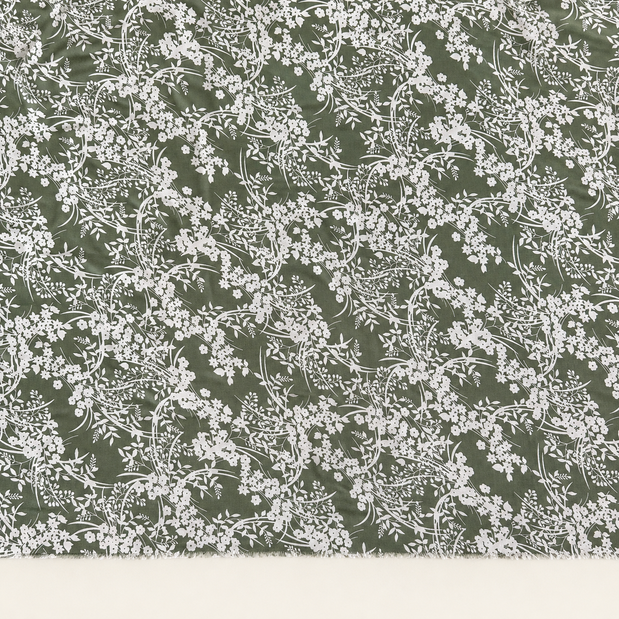 Pistachio Green Background with White Botanical Pattern Viscose Fabric - 100% Cotton Content - Viscose Fabric - 59 Inches