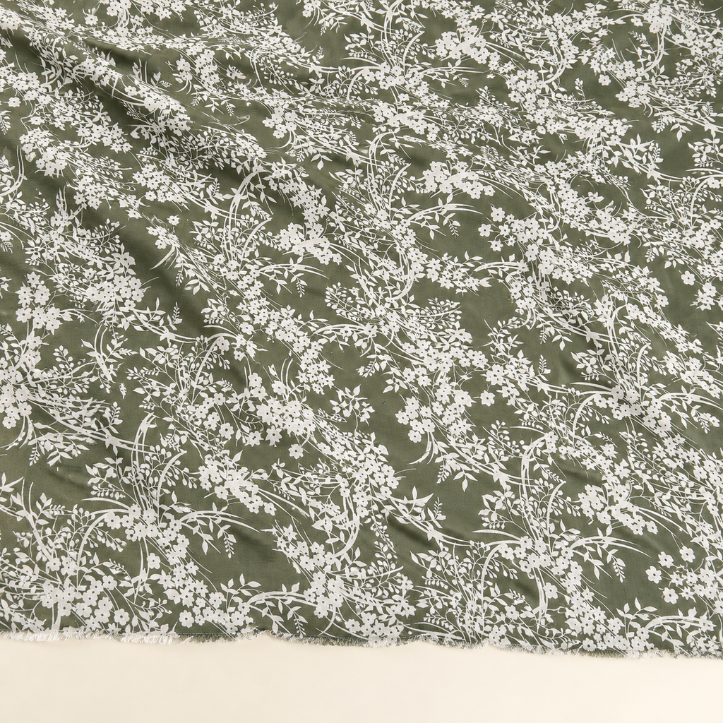 Pistachio Green Background with White Botanical Pattern Viscose Fabric - 100% Cotton Content - Viscose Fabric - 59 Inches