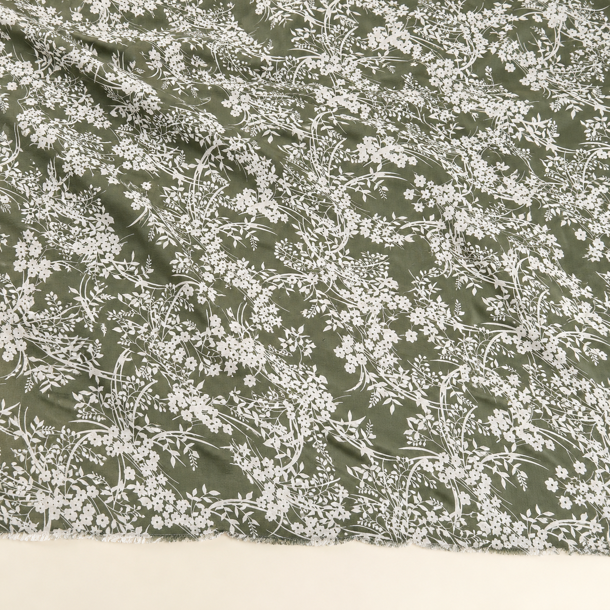 Pistachio Green Background with White Botanical Pattern Viscose Fabric - 100% Cotton Content - Viscose Fabric - 59 Inches