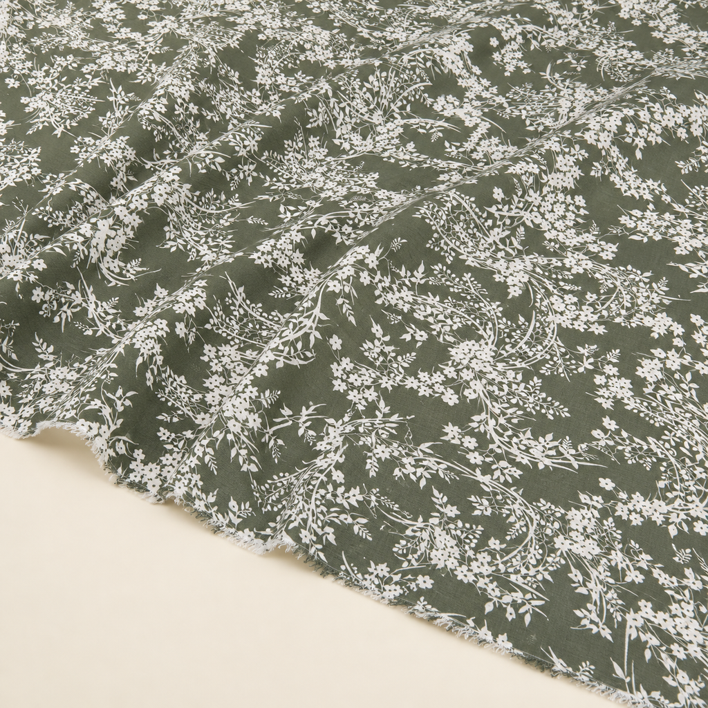 Pistachio Green Background with White Botanical Pattern Viscose Fabric - 100% Cotton Content - Viscose Fabric - 59 Inches
