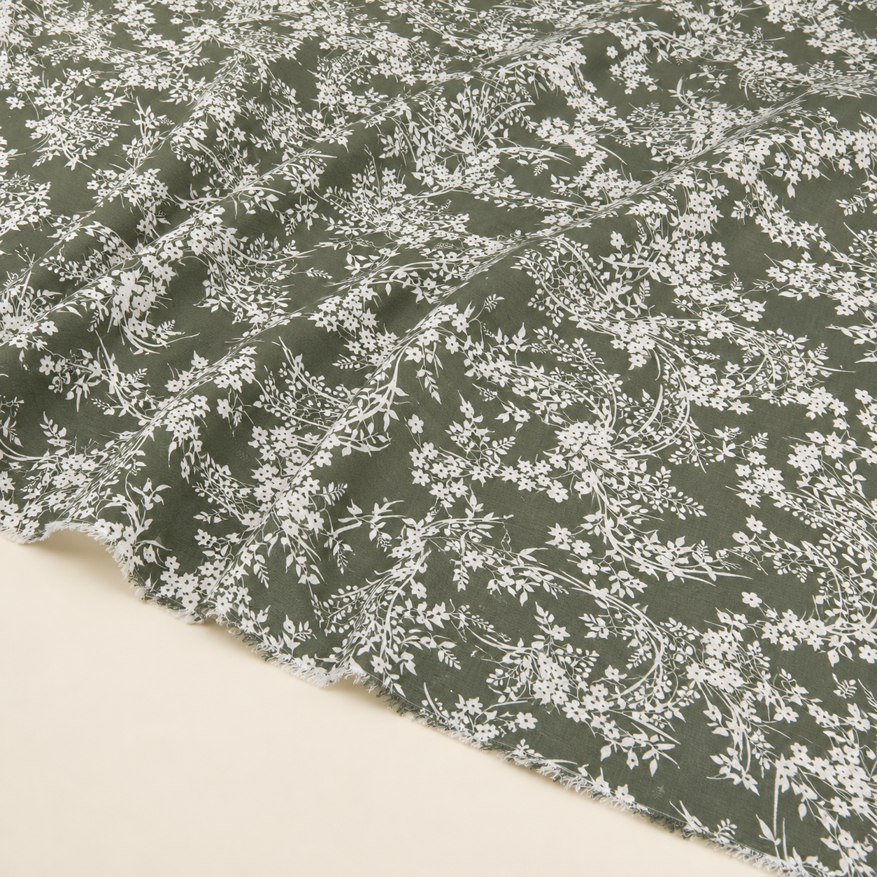 Pistachio Green Background with White Botanical Pattern Viscose Fabric - 100% Cotton Content - Viscose Fabric - 59 Inches