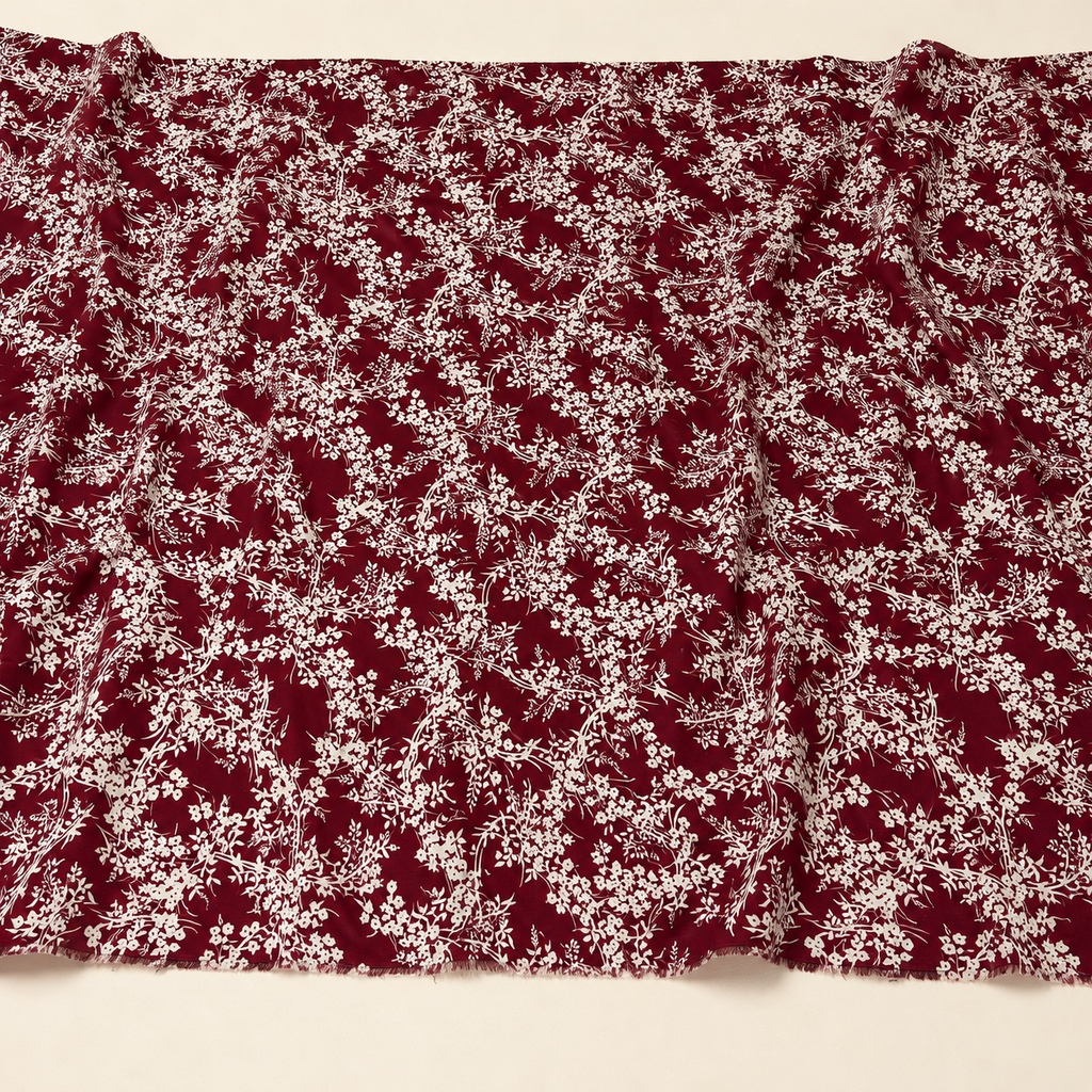 White Botanical Patterned Burgundy Background Viscose Fabric - 100% Cotton Content - Viscose Fabric - 59 Inches