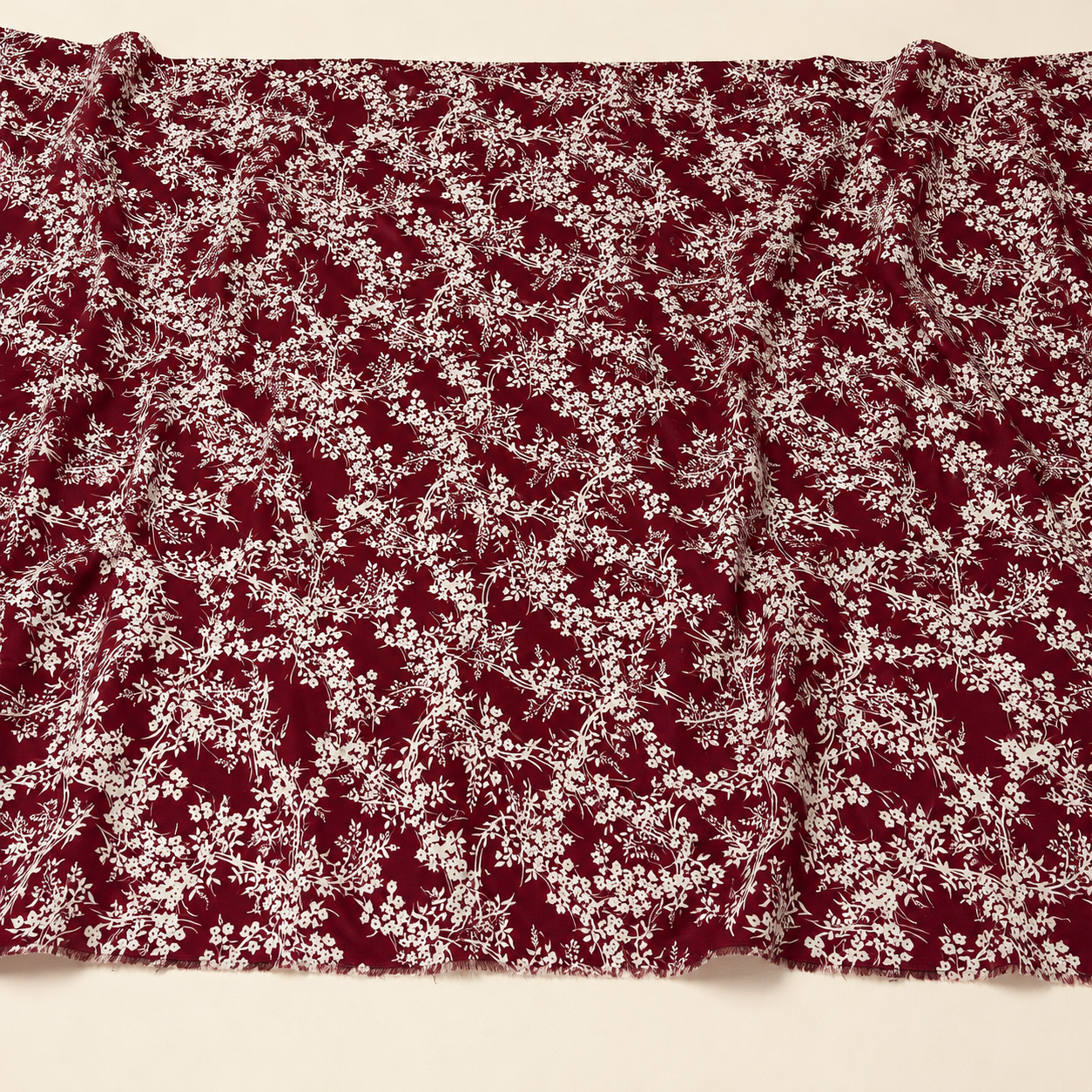 White Botanical Patterned Burgundy Background Viscose Fabric - 100% Cotton Content - Viscose Fabric - 59 Inches