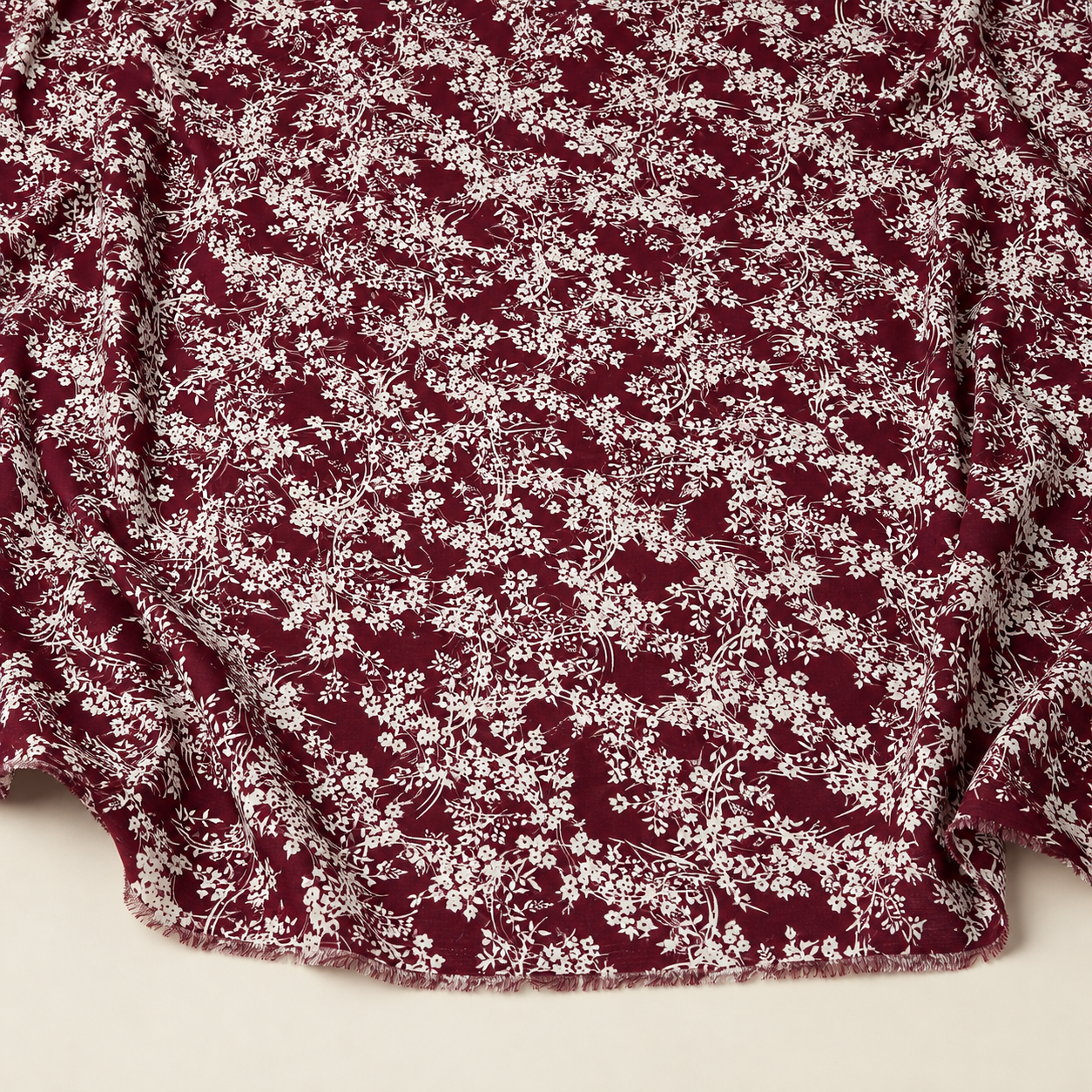 White Botanical Patterned Burgundy Background Viscose Fabric - 100% Cotton Content - Viscose Fabric - 59 Inches