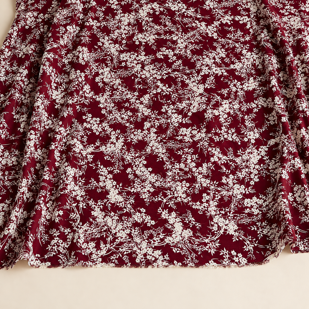 White Botanical Patterned Burgundy Background Viscose Fabric - 100% Cotton Content - Viscose Fabric - 59 Inches