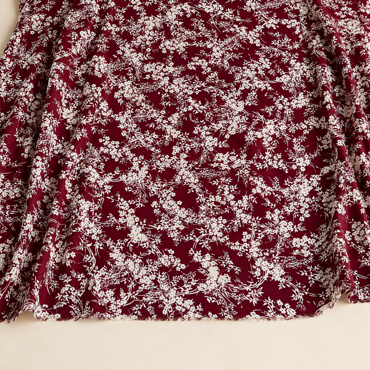White Botanical Patterned Burgundy Background Viscose Fabric - 100% Cotton Content - Viscose Fabric - 59 Inches