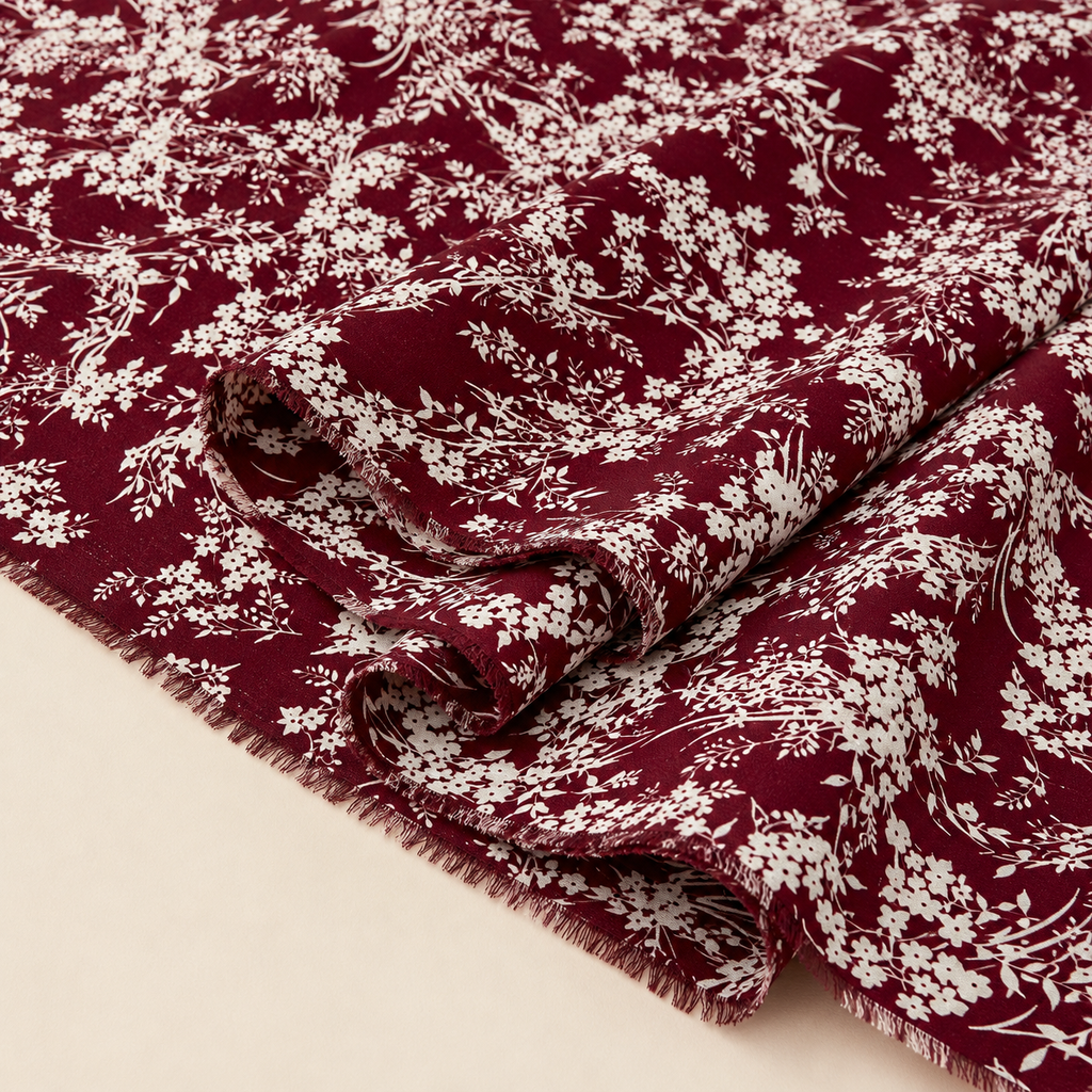 White Botanical Patterned Burgundy Background Viscose Fabric - 100% Cotton Content - Viscose Fabric - 59 Inches