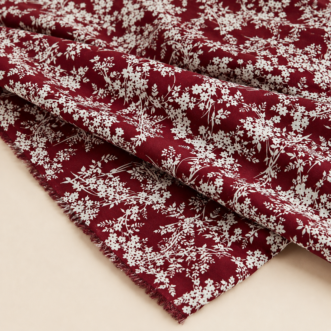 White Botanical Patterned Burgundy Background Viscose Fabric - 100% Cotton Content - Viscose Fabric - 59 Inches