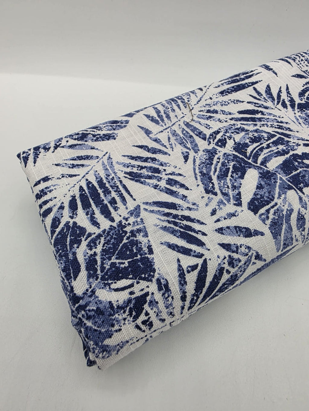 Printed Cotton Linen Fabric in Navy Palm Frond - 57" wide, sold by the yard