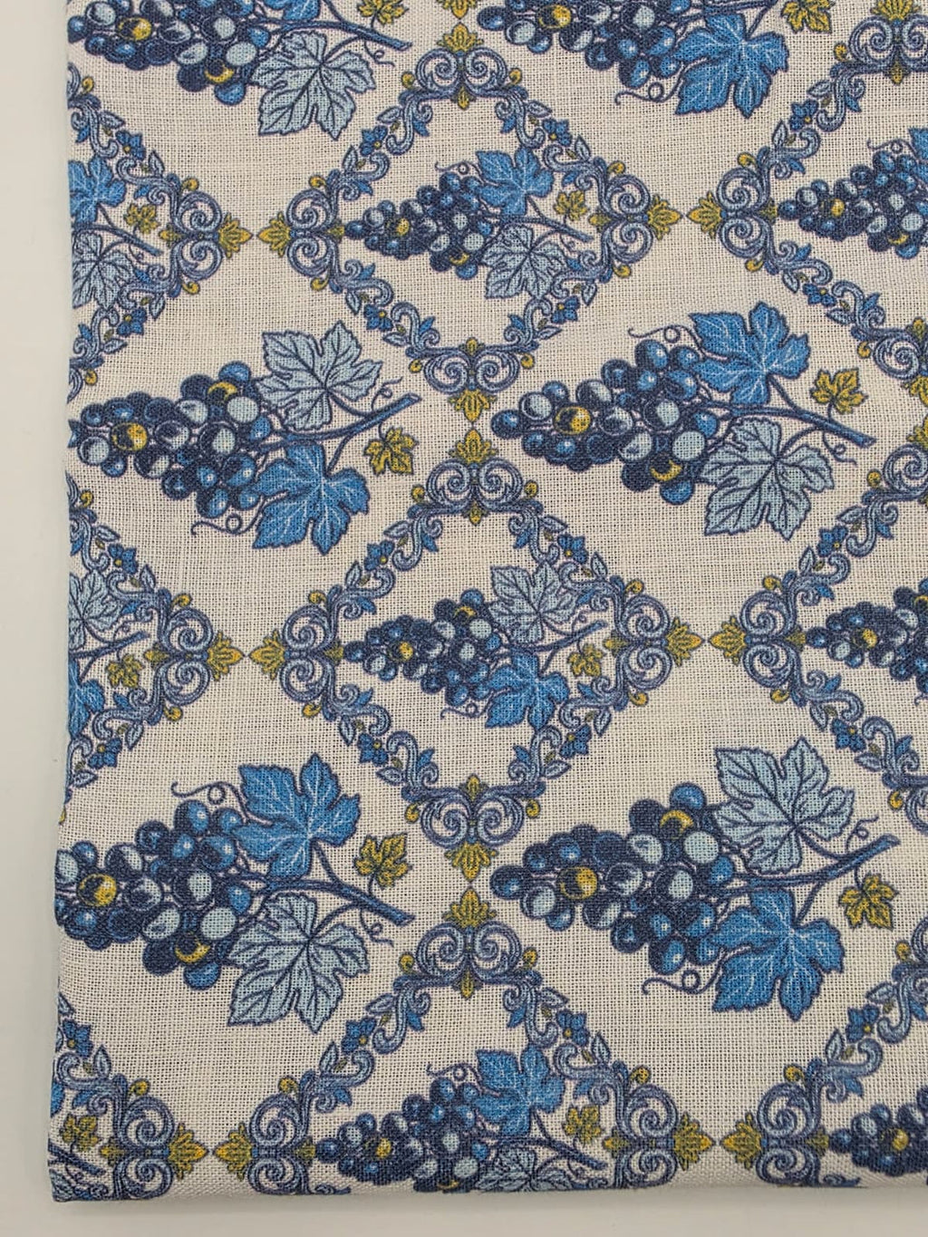 Printed Cotton Linen Fabric in Blue Ethnic Tile - 57" wide, sold by the yard