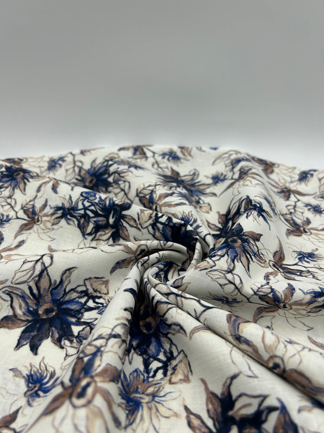 Printed Cotton Linen Fabric in Navy Cornflower - 57" wide, sold by the yard