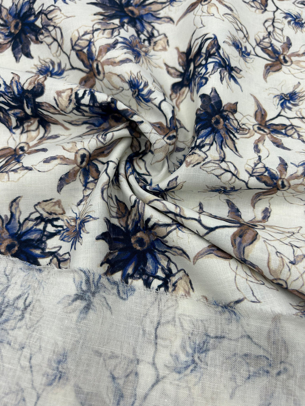 Printed Cotton Linen Fabric in Navy Cornflower - 57" wide, sold by the yard