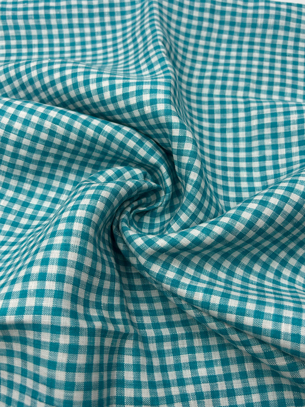 100% Linen Fabric in Teal Gingham - 57" wide, sold by the yard