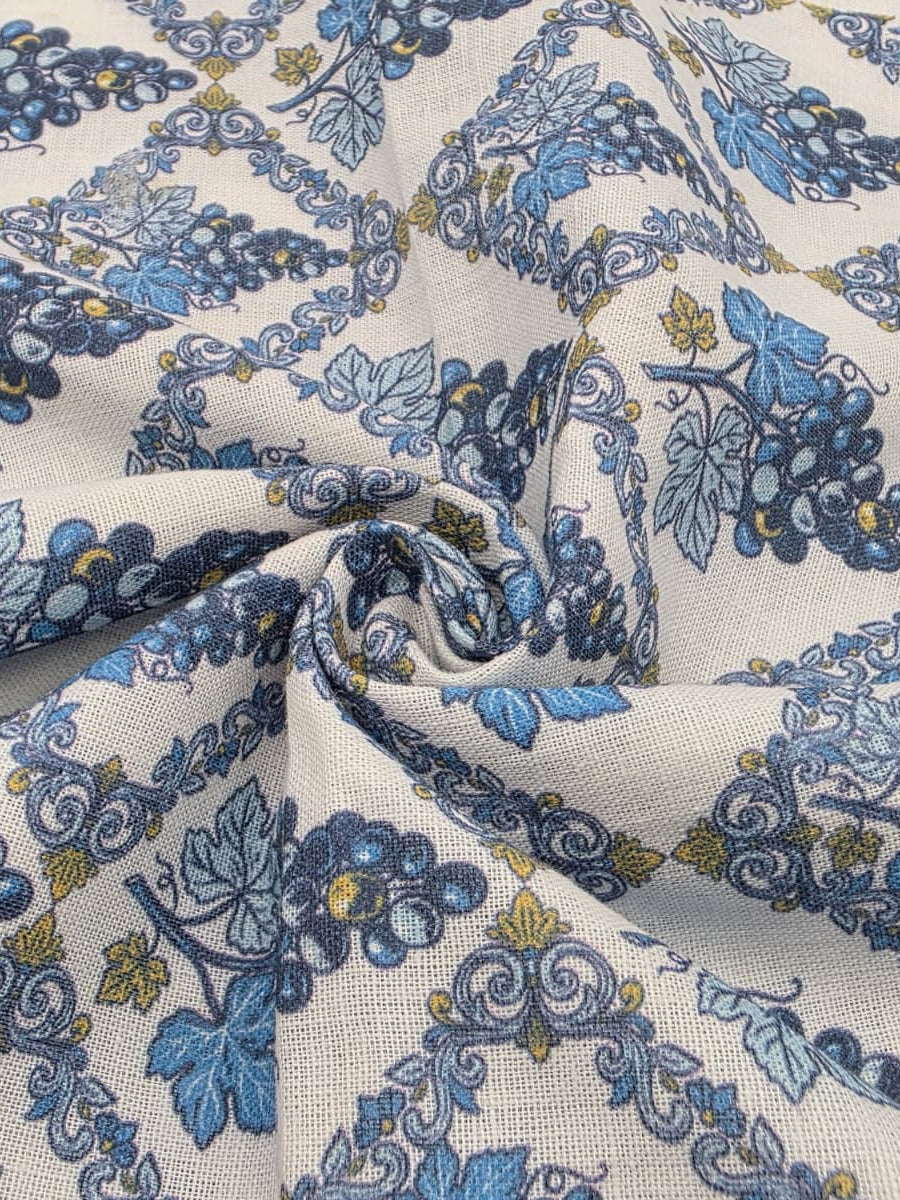 Printed Cotton Linen Fabric in Blue Ethnic Tile - 57" wide, sold by the yard