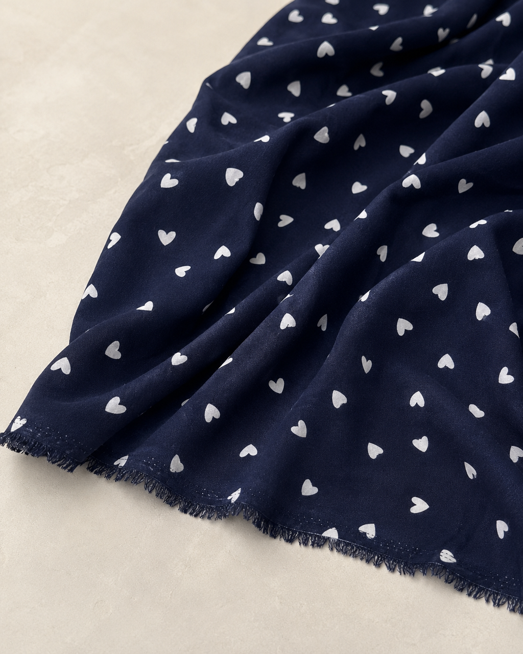 Navy Blue Background with White Heart Pattern - 100% Cotton Content - Viscose Fabric - 59 Inches