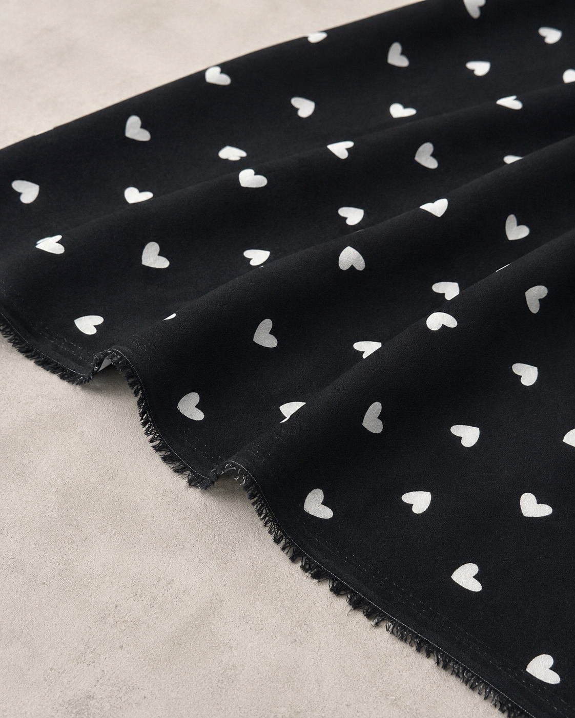 Black Background with White Heart Pattern - 100% Cotton Content - Viscose Fabric - 59 Inches