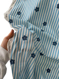 100% Cotton Blue Striped Daisy Print Poplin Fabric - Blue