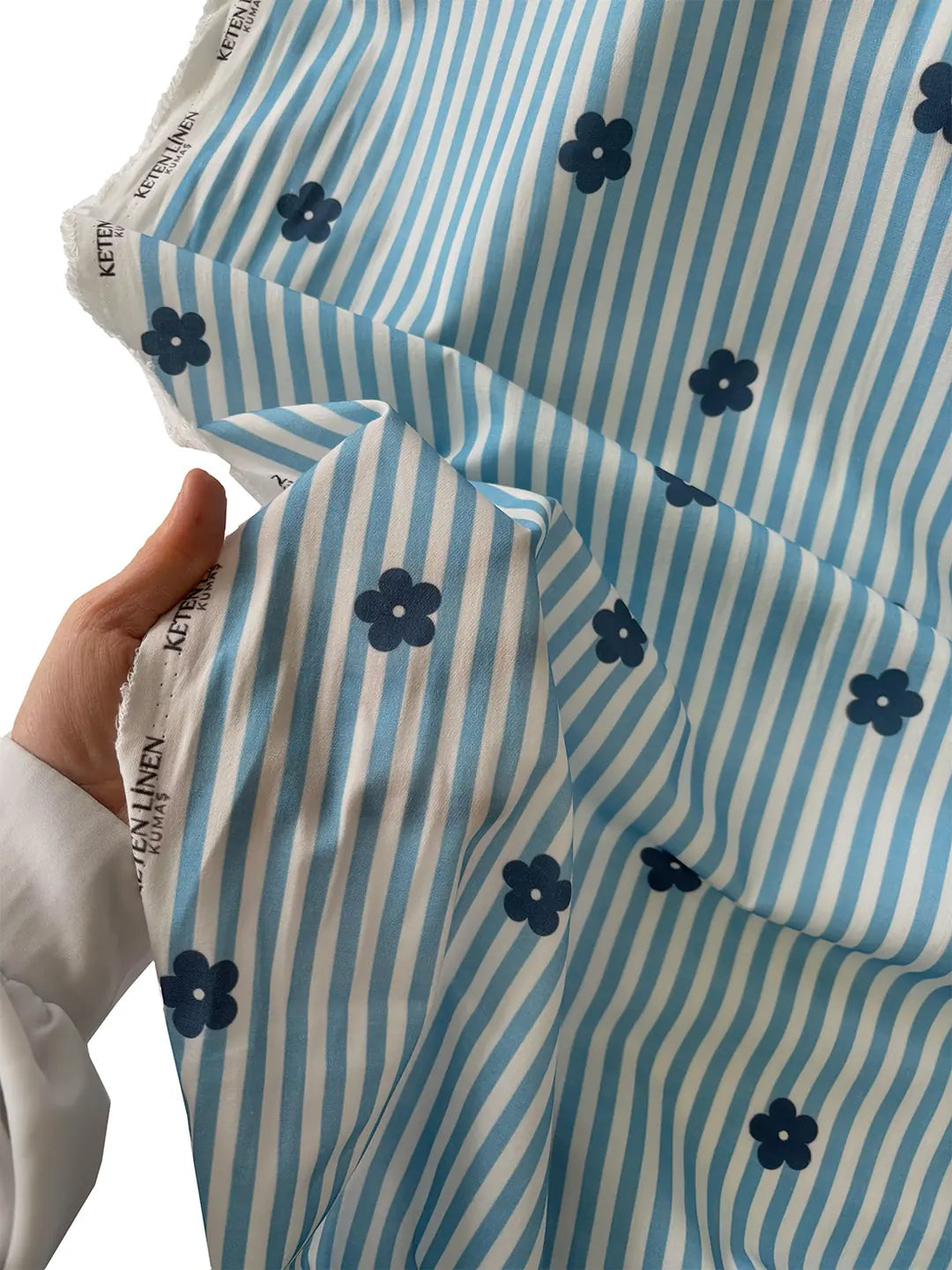 100% Cotton Blue Striped Daisy Print Poplin Fabric - Blue