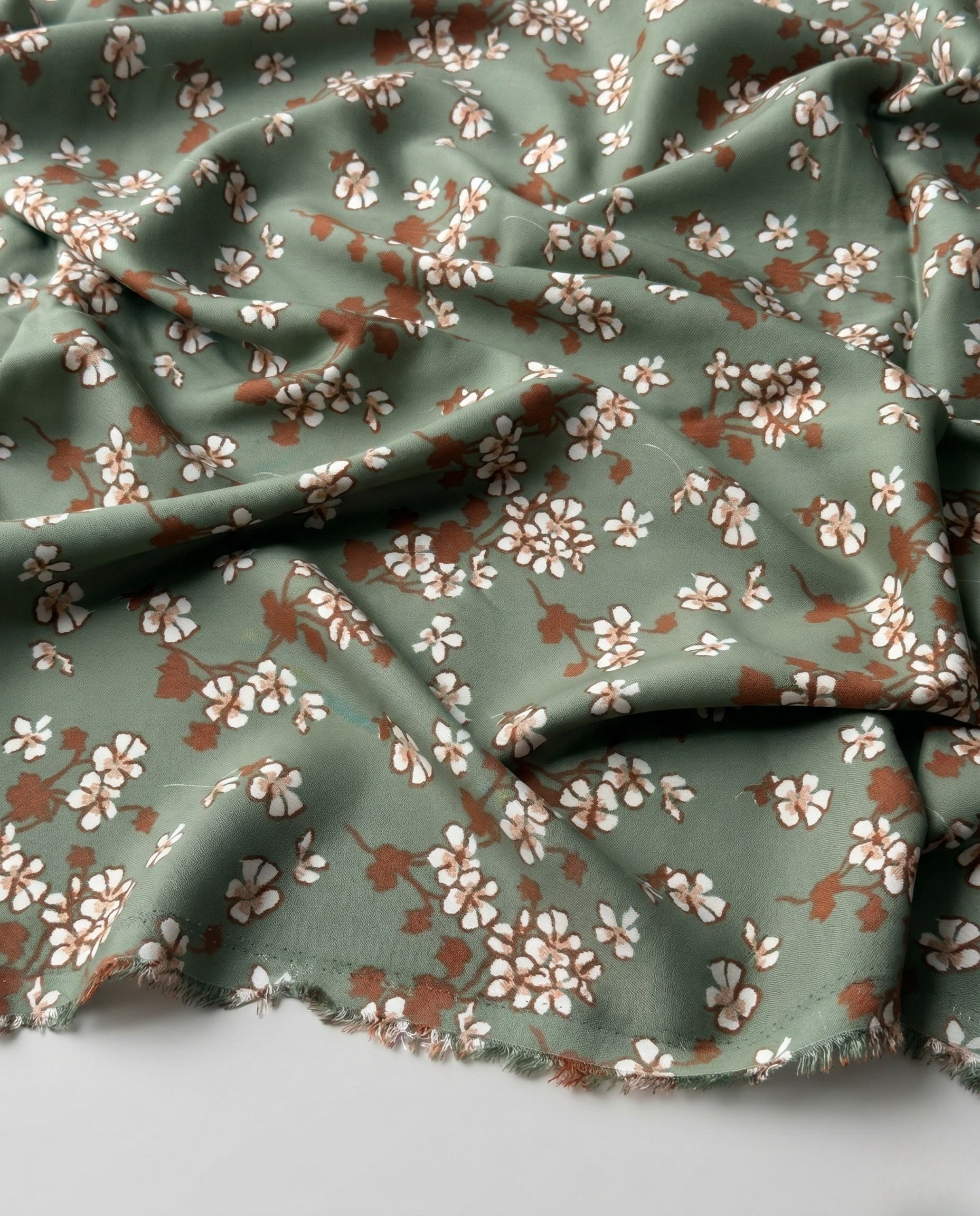 100% Cotton Content – Green Background with Brick &amp; White Floral Pattern Viscose Fabric – Double Width 59 Inches