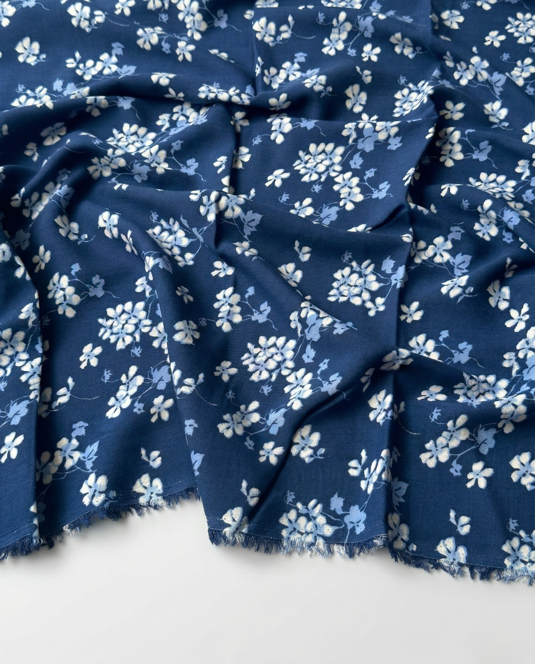 100% Cotton Content - Blue Floral Pattern on Blue Background Viscose Fabric - Double Width