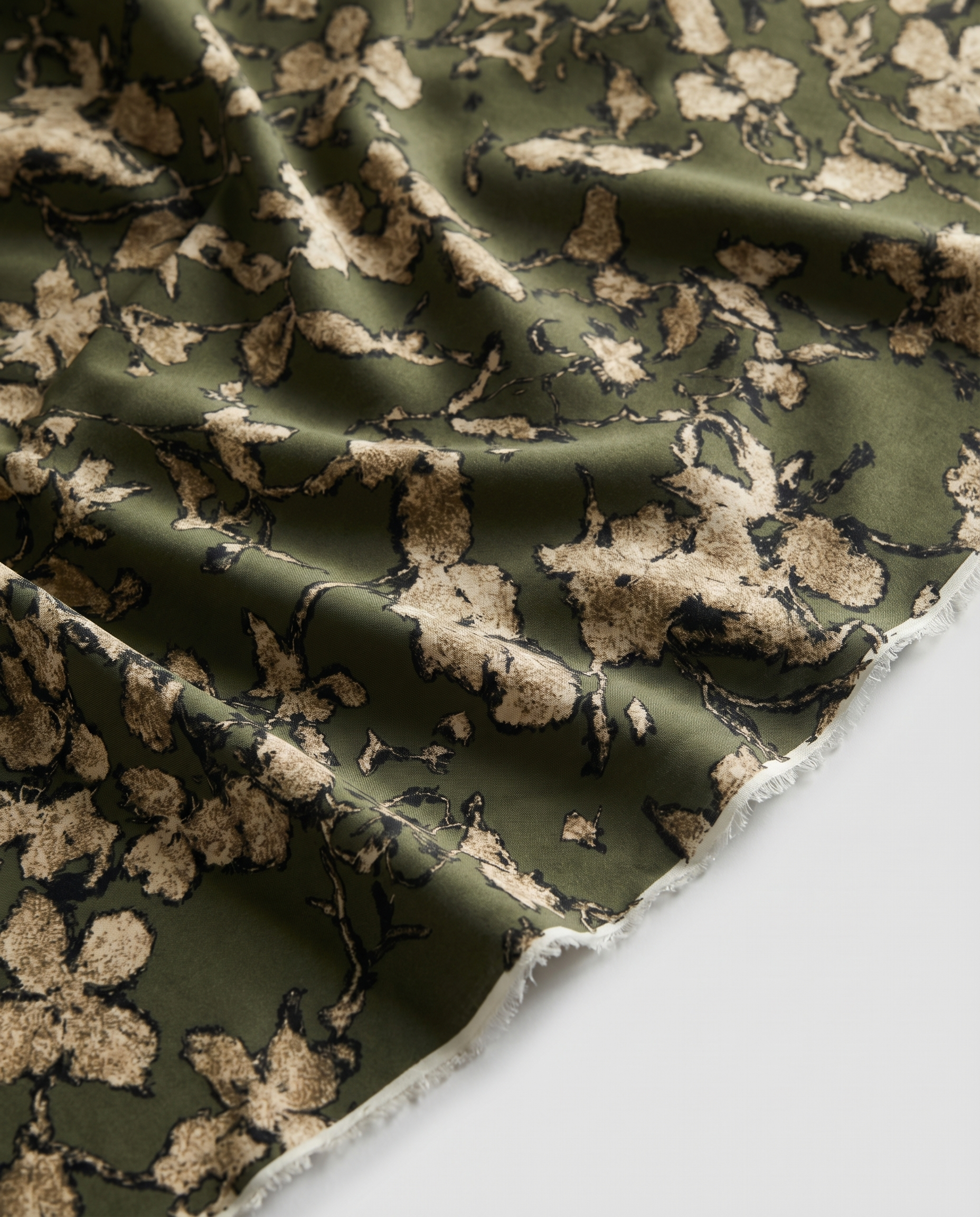 100% Cotton Content – Khaki Background with Beige Leaf Pattern Viscose Fabric – Double Width 59 Inches
