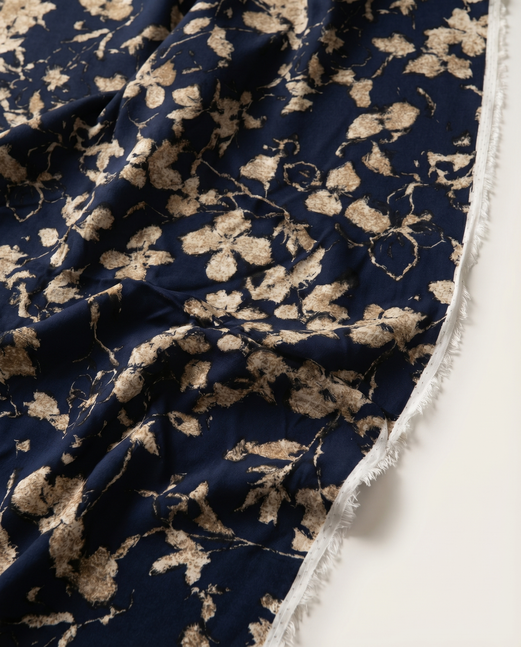 100% Cotton Content – Beige Leaf Patterned Viscose Fabric on a Navy Blue Background – Double Width 59 Inches