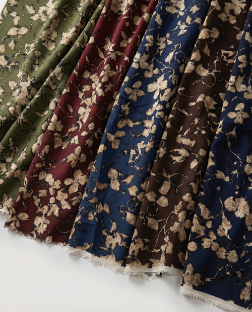 100% Cotton Content – Beige Leaf Patterned Viscose Fabric on an Indigo Background – Double Width 59 Inches