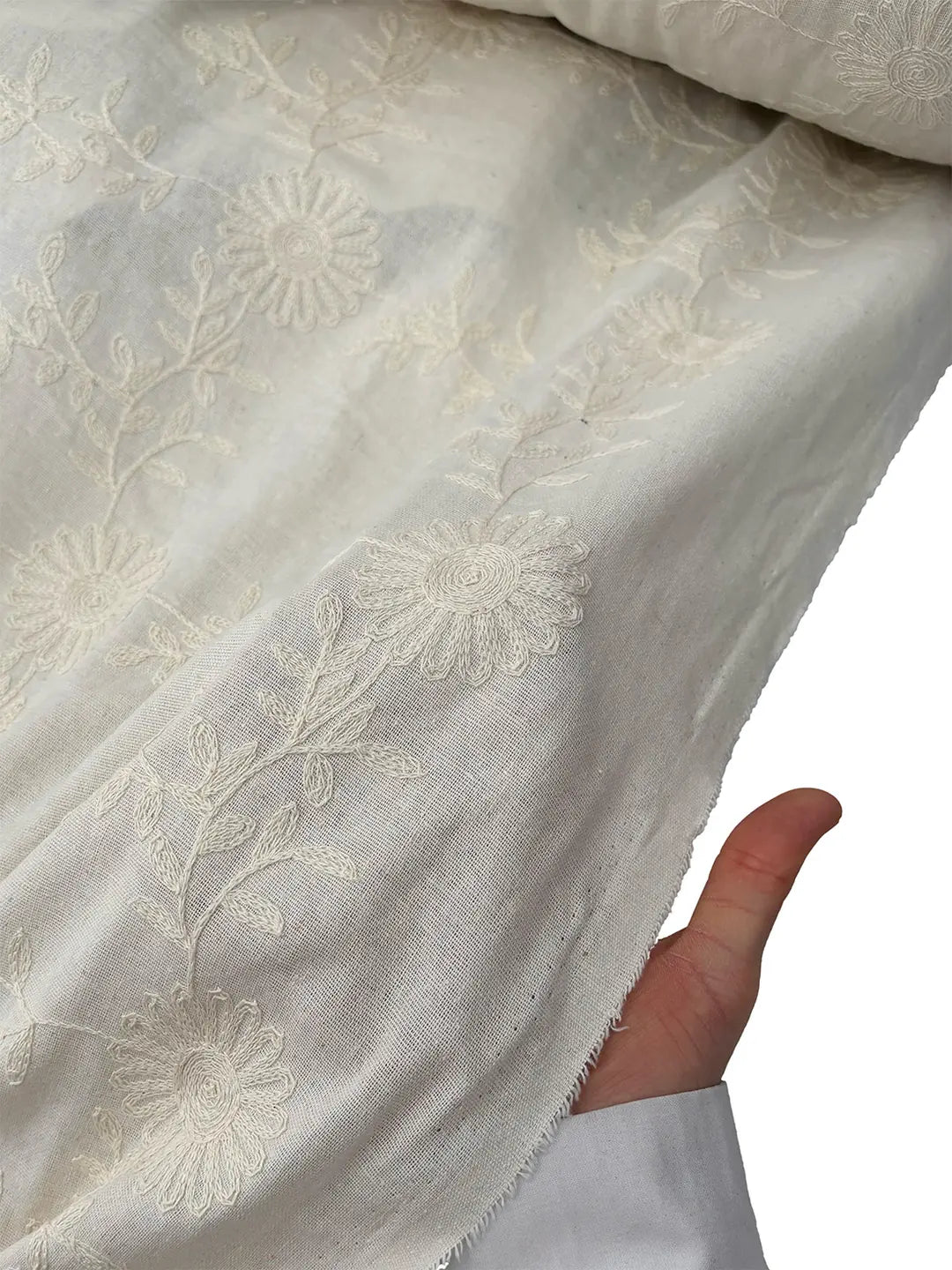 Linen-Textured Cream Floral Embroidered Scalloped Fabric