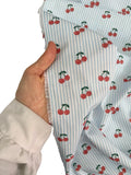 100% Cotton Poplin Fabric - Blue Striped Cherry Print