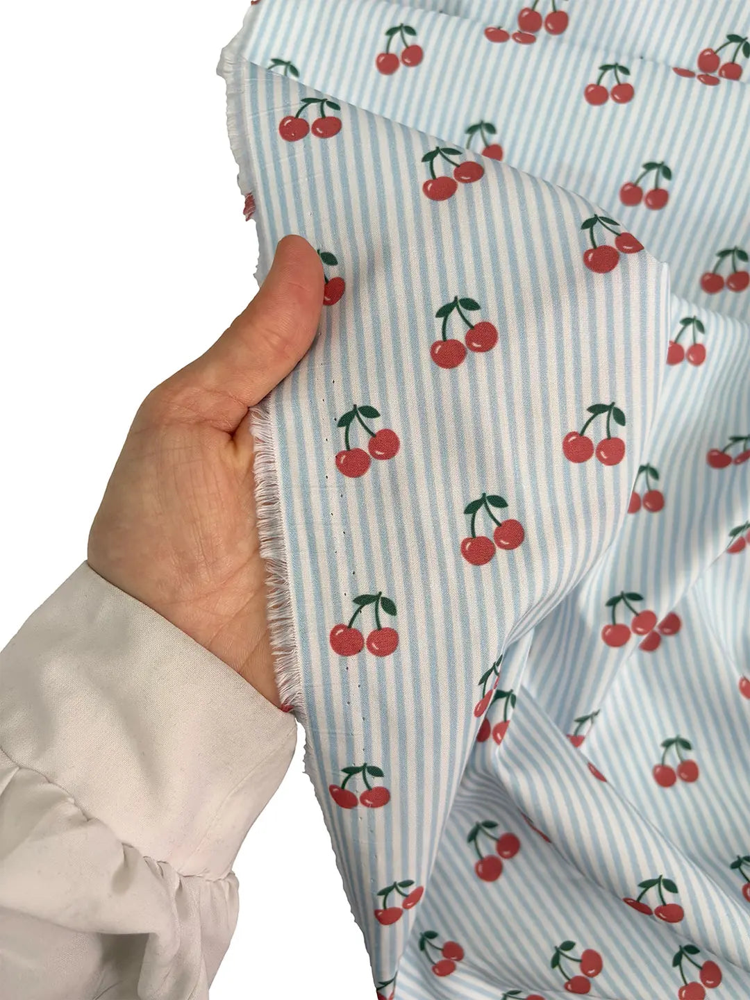 100% Cotton Poplin Fabric - Blue Striped Cherry Print