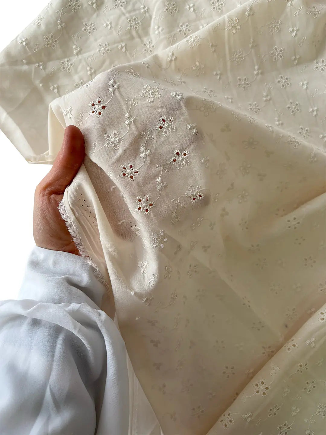 Crisp Cotton Floral Scalloped Fabric - Cream