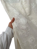 Linen-Textured White Daisy Embroidered Scalloped Fabric