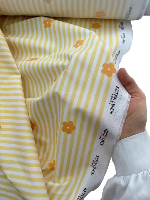 100% Cotton Blue Striped Daisy Print Poplin Fabric - Yellow