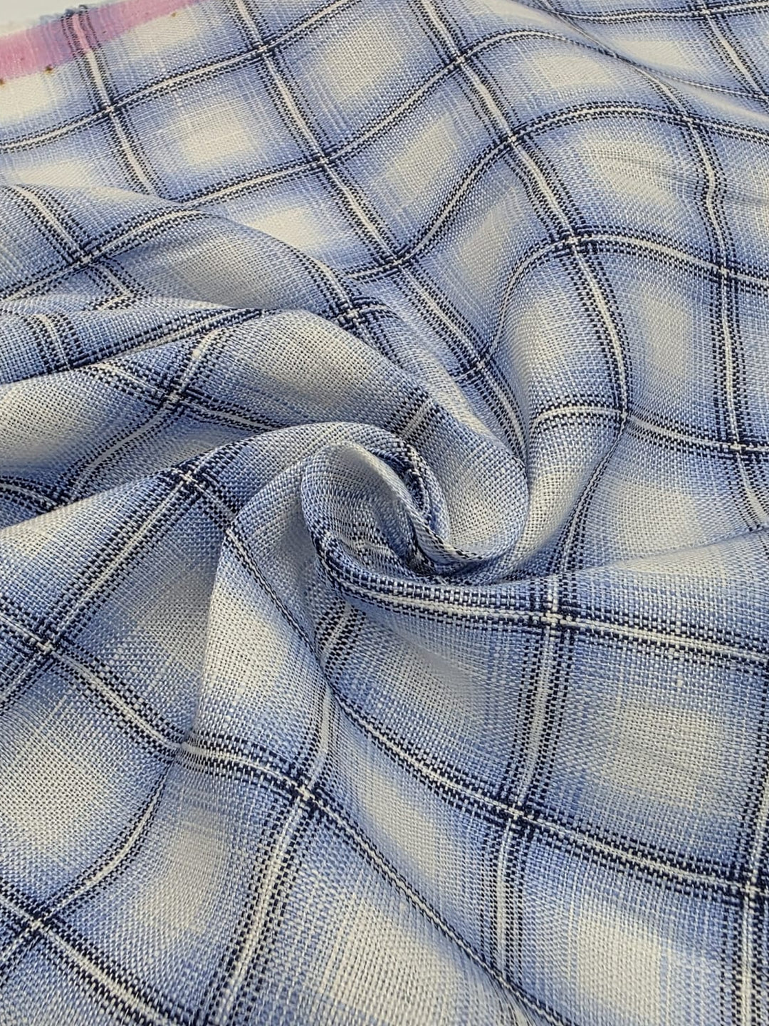 100% Linen Fabric in Powder Blue Windowpane - 57" wide, sold by the yard